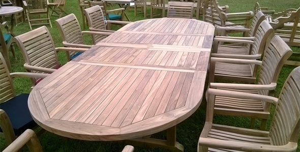 Oval Teak Extending Double Leaf Table Set